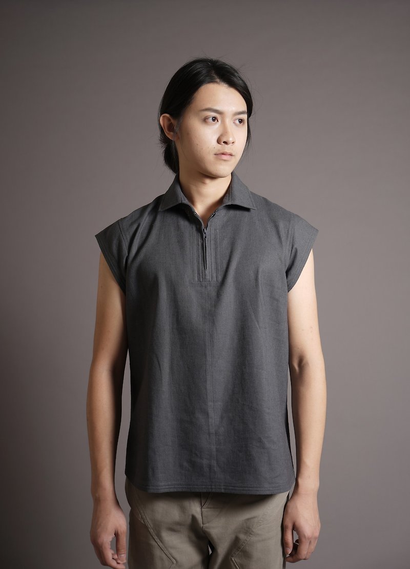 Flat collar placket zipper top_dark gray - Men's T-Shirts & Tops - Other Materials Gray