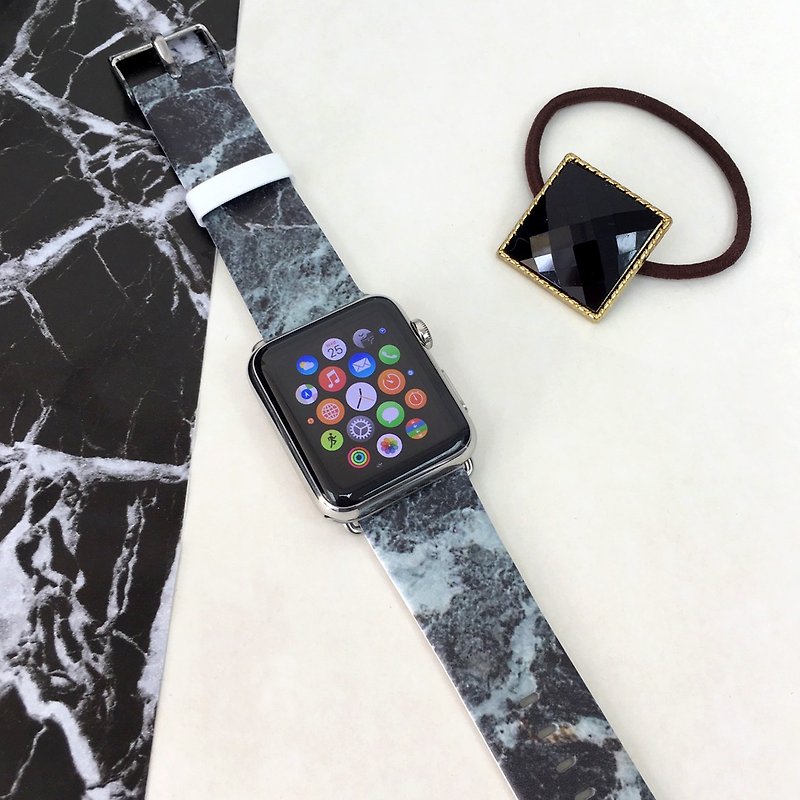 Faux Charcoal Marble Printed on Leather watch band for Apple Watch Series 1 - 5 - Watchbands - Genuine Leather Black