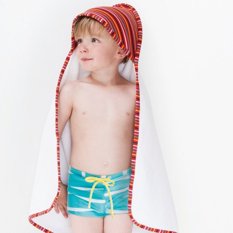 [Nordic children's clothing] Organic cotton children's bathrobe swimming beach towel striped red/yellow limited edition - ชุด/อุปกรณ์ว่ายน้ำ - ผ้าฝ้าย/ผ้าลินิน 