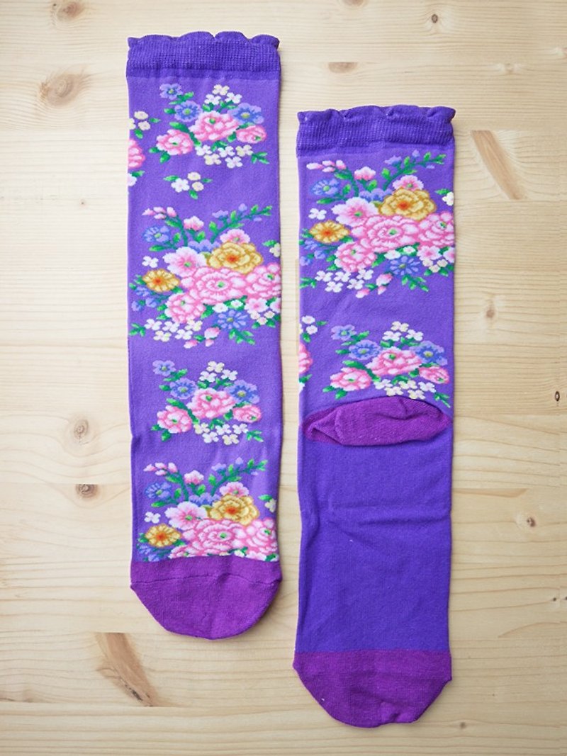 JHJ Design 加拿大品牌 高彩度針織棉襪 客家花布-針織襪(紫) - 襪子 - 其他材質 