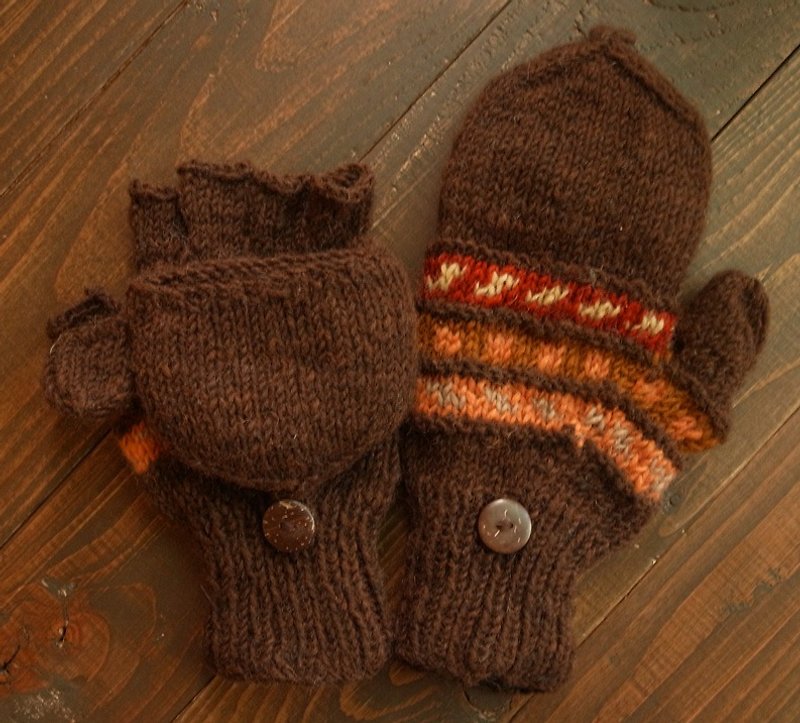 【Grooving the beats】Handmade Wool Mittens, Convertible Mittens, Fingerless Mittens, Wool Gloves, Hand knit Mittens, Hand knit Gloves（Classic Design_Brown） - ถุงมือ - ขนแกะ สีนำ้ตาล