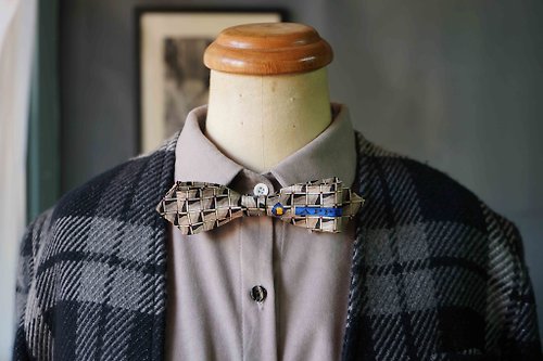 Papas Bow Tie 古董布花領帶改製手工領結-方塊閃亮銀-窄版