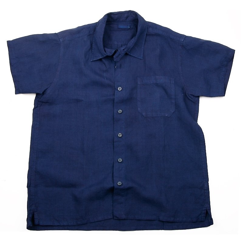Mushroom mogu / natural dyed linen shirt / village Aberdeen indigo / vintage - Women's Shirts - Plants & Flowers Blue