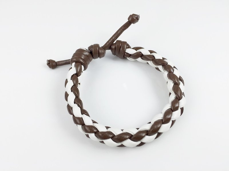 Coffee white four-stranded braid - Bracelets - Genuine Leather Brown
