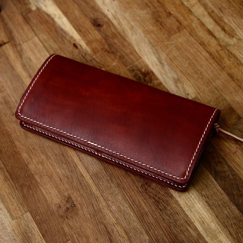 Cans hand-made hand-made handmade Japanese dark brown vegetable tanned leather long wealth cloth real cowhide wallet long wallet - Wallets - Genuine Leather Brown