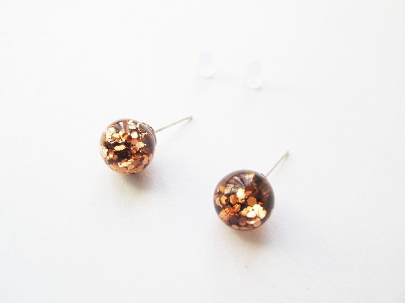 * Rosy Garden * Caramel brown glitter with water inside glass ball earrings - Necklaces - Glass Brown