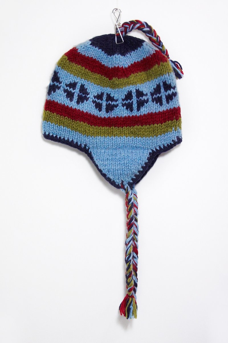 Valentine's Day Gift / Hand Knitted Pure Wool Hat / Flying Wool Hat / Knitted Hat / Woolen Hat-Blue Totem - หมวก - วัสดุอื่นๆ สีน้ำเงิน