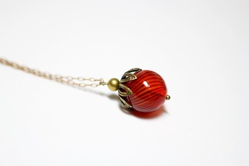 Planet Red Stripe fruit necklace handmade glass ball / brass - Necklaces - Glass Red