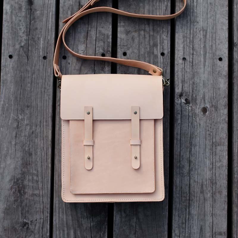 Nude Color Handmade vegetable tanned genuine leather satchel messenger bag - Messenger Bags & Sling Bags - Genuine Leather Khaki