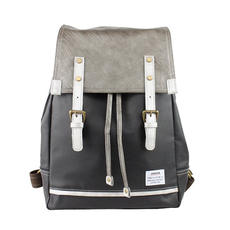AMINAH-Black and gray mixed color backpack [am-0212] - กระเป๋าเป้สะพายหลัง - หนังเทียม สีดำ