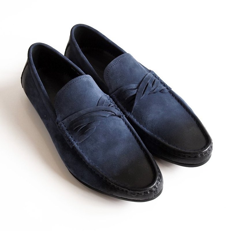 LMdH]C2B09-39小牛皮磨砂皮手工上色扭結平底樂福鞋‧深藍色‧免運費 - Men's Casual Shoes - Genuine Leather Blue