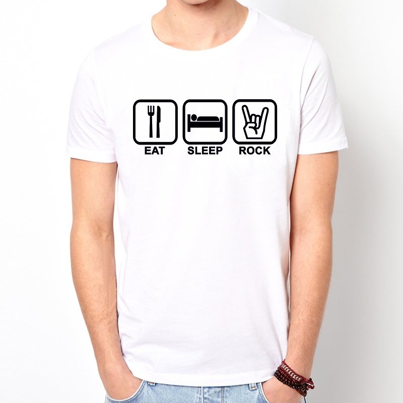 食べる睡眠岩半袖Tシャツ -  2色スリーピングロック音楽デザインワイルド台湾春 - Tシャツ メンズ - コットン・麻 ホワイト