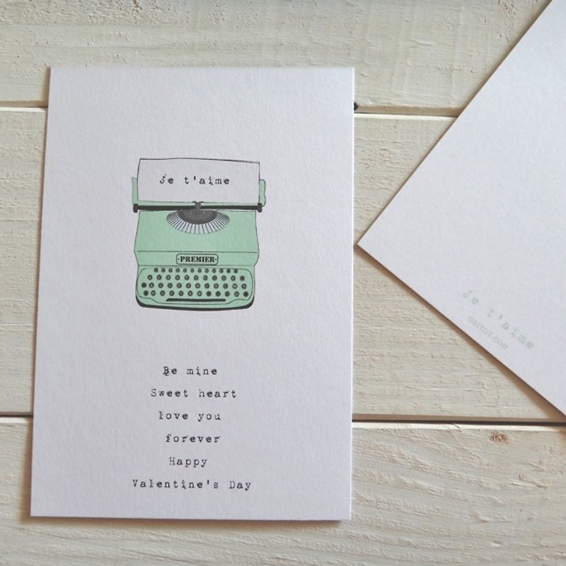 Je t'aime I love you card/lake blue typewriter postcard/Happy Valentine's Day - Cards & Postcards - Paper White