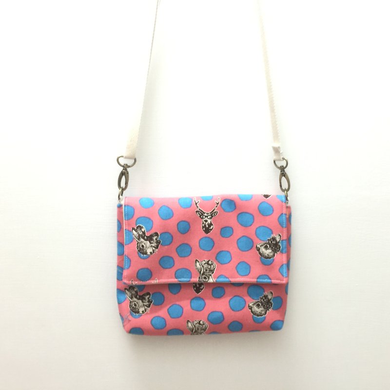 MINIxROSE pink dot rabbit and deer thick toast bag / cross backpack / shoulder bag / Free printing name leather superscript - Messenger Bags & Sling Bags - Cotton & Hemp Pink