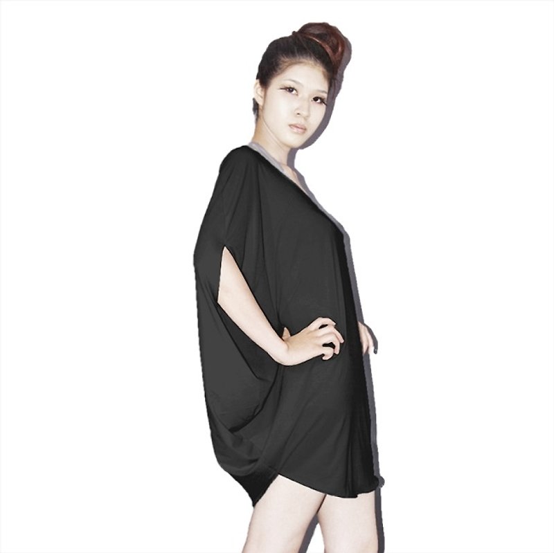 Top Big Round Short Sleeve Long Top-Multicolor Choice - เสื้อผู้หญิง - ผ้าฝ้าย/ผ้าลินิน สีดำ