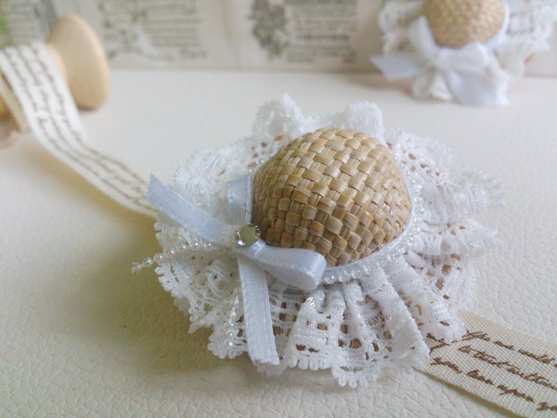 Oopstutu [Summer Lace Mini Straw Hat Hair Accessories] - Rhinestones - Hair Accessories - Bamboo White