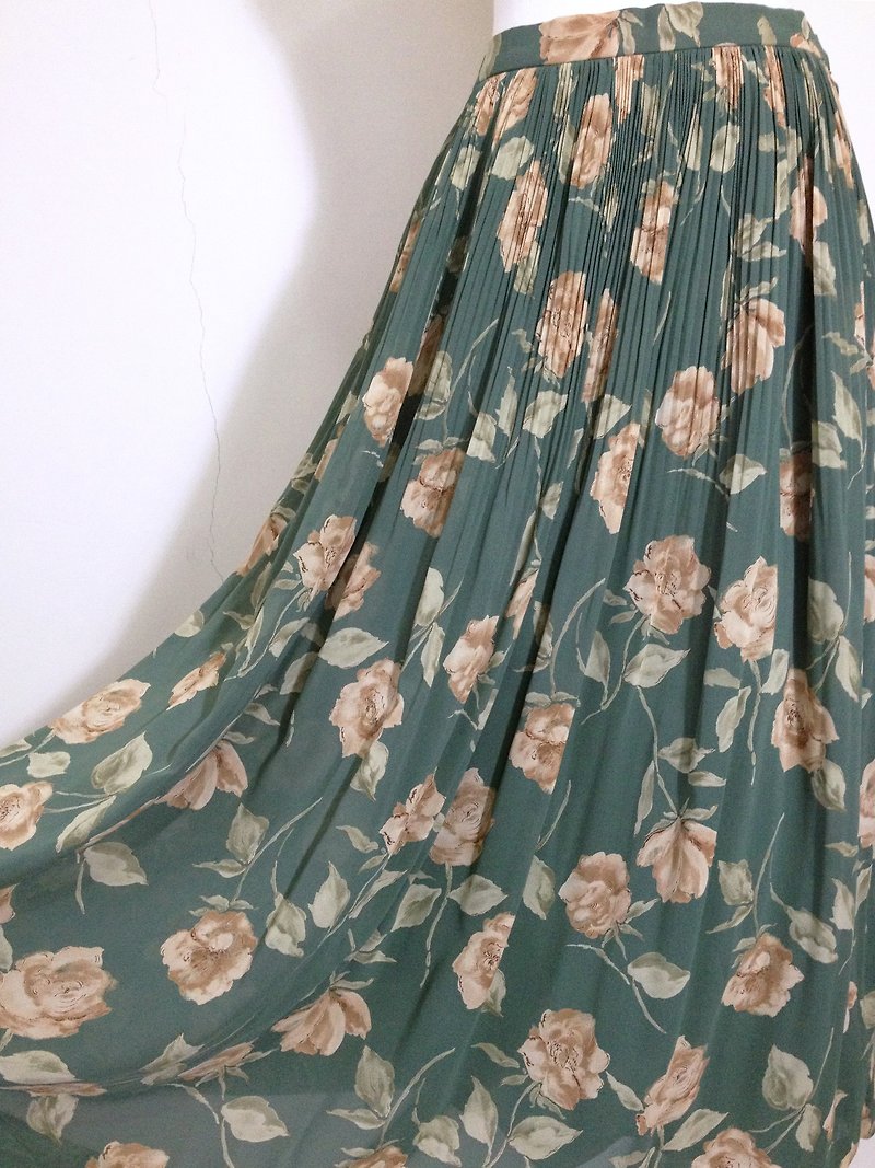 バックヴィンテージドレスVINTAGEに海外ヴィンテージ時間[アンティークドレス/シフォンヴィンテージドレスの花緑の湖] - スカート - その他の素材 多色