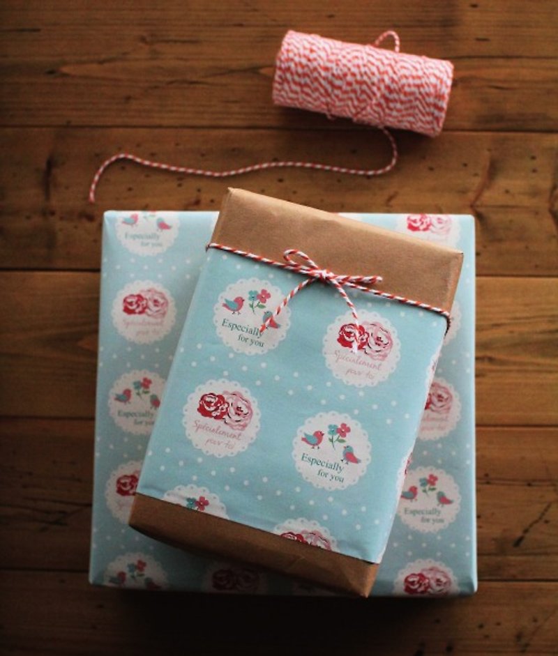 英國風 小鳥玫瑰水藍色點點包裝紙(2入) - 包裝材料 - 紙 