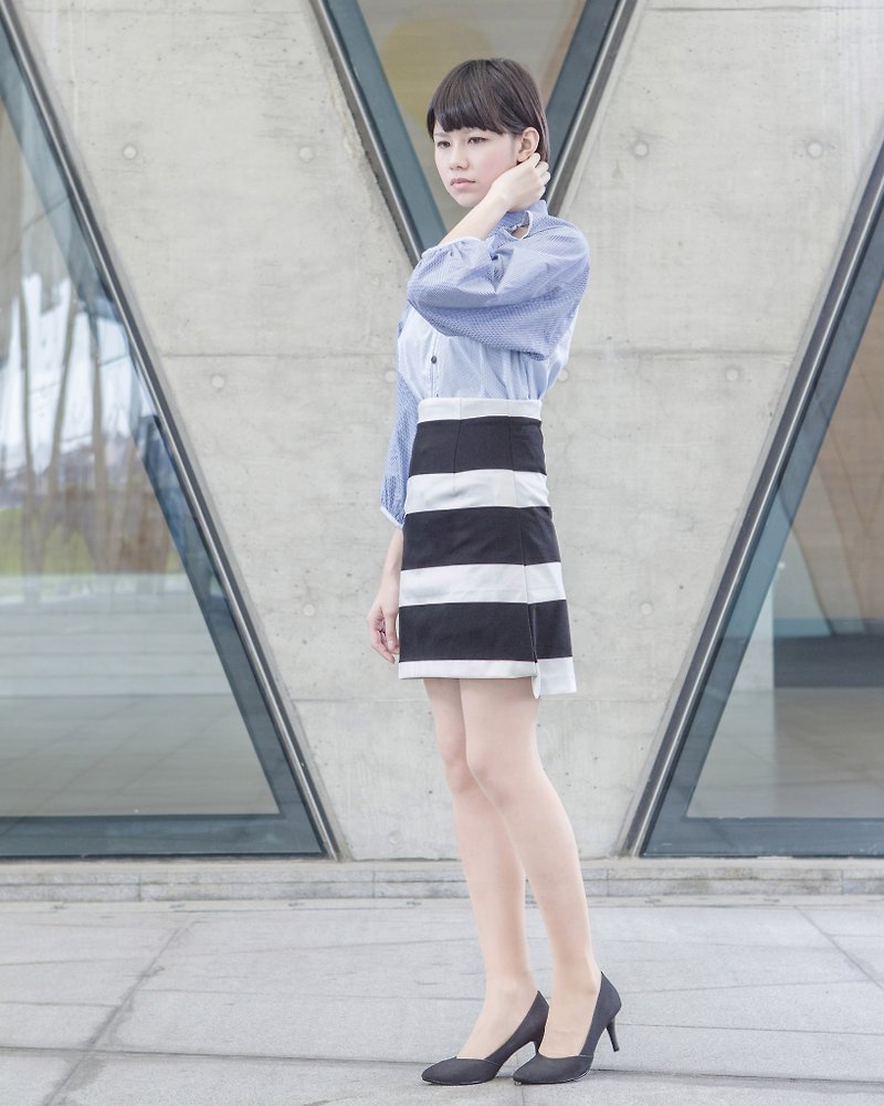 _ A high waist black and white striped dress - Skirts - Cotton & Hemp Black