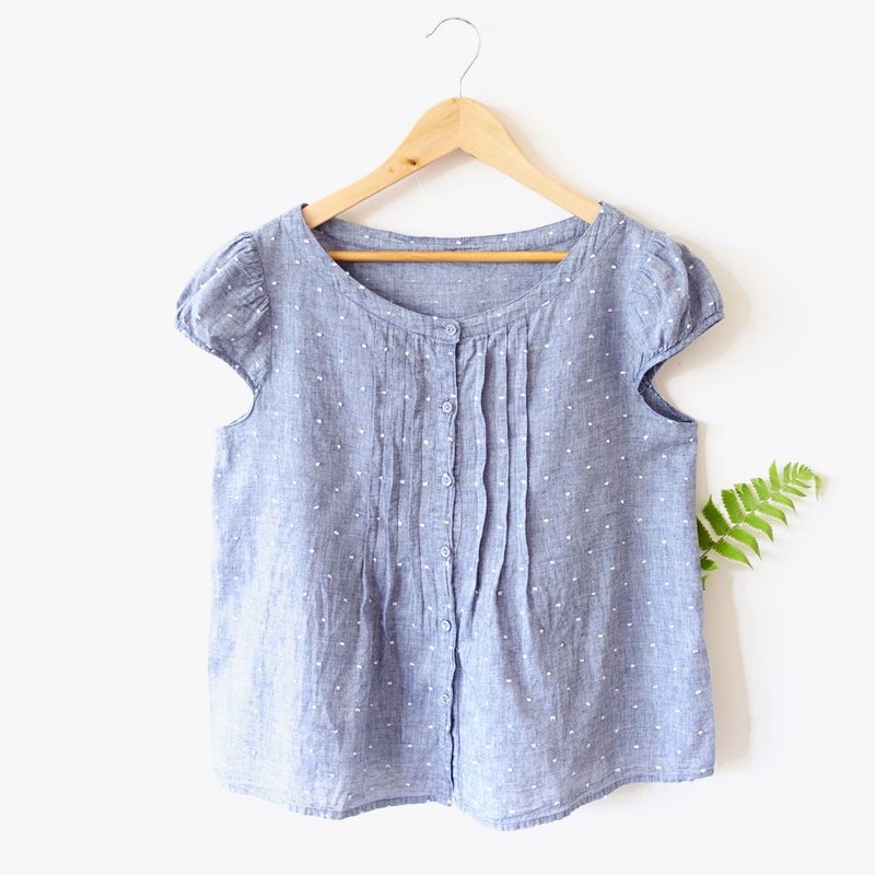 BajuTua / vintage / light denim blue little doll sleeve cotton T-shirt - เสื้อผู้หญิง - ผ้าฝ้าย/ผ้าลินิน สีน้ำเงิน