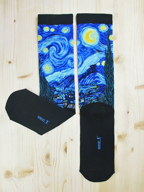 JHJ Design Canadian brand high-color knitted cotton socks famous painting series-Starry sky socks (knitted cotton socks) Van Gogh