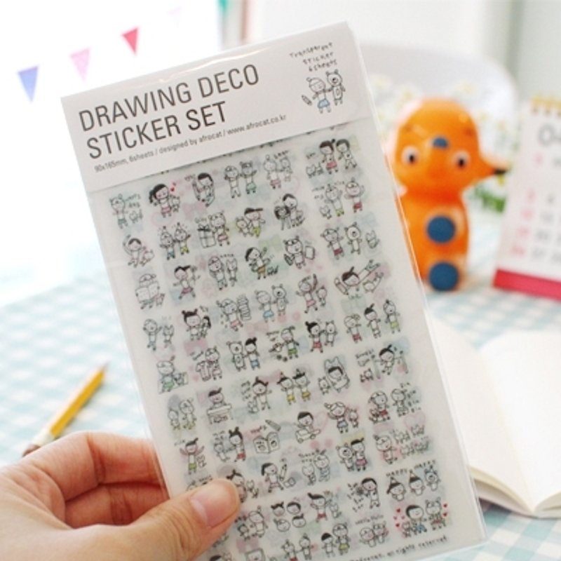 韓國 Afrocat drawing deco sticker 塗鴉 手帳 貼紙6張 生活 心情 進口 蝴蝶結 - 貼紙 - 塑膠 多色