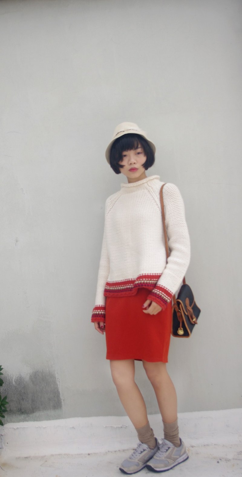 4.5studio- vintage treasure hunt - warm white X-orange thick knit turtleneck - Women's Sweaters - Other Materials White
