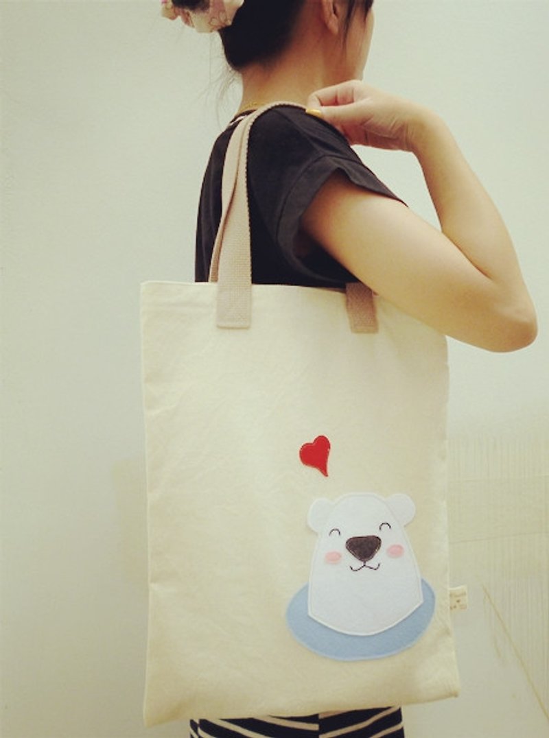 I love polar bears green canvas bag / shoulder bags / A4 bag (light brown lifting Bands) free transport - กระเป๋าถือ - วัสดุอื่นๆ ขาว