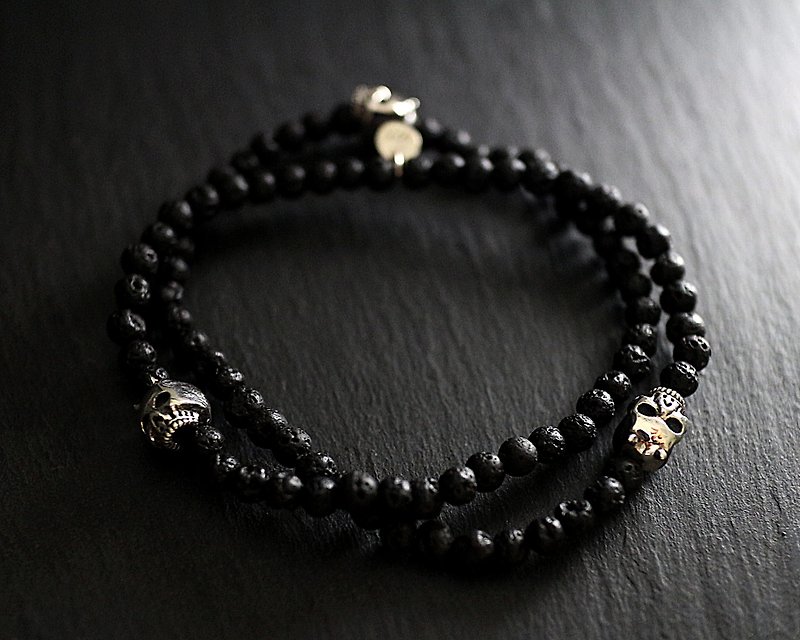 Demon Skull sterling silver double circle demon 骷髅 bracelet (lava stone) - Bracelets - Other Materials Black