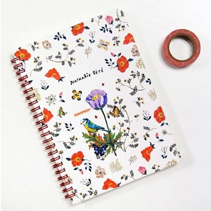 Dessin x 7321 Design-Nathalie Lete ring on striped notebook - flowers and birds, 7321-01309 - สมุดบันทึก/สมุดปฏิทิน - กระดาษ หลากหลายสี