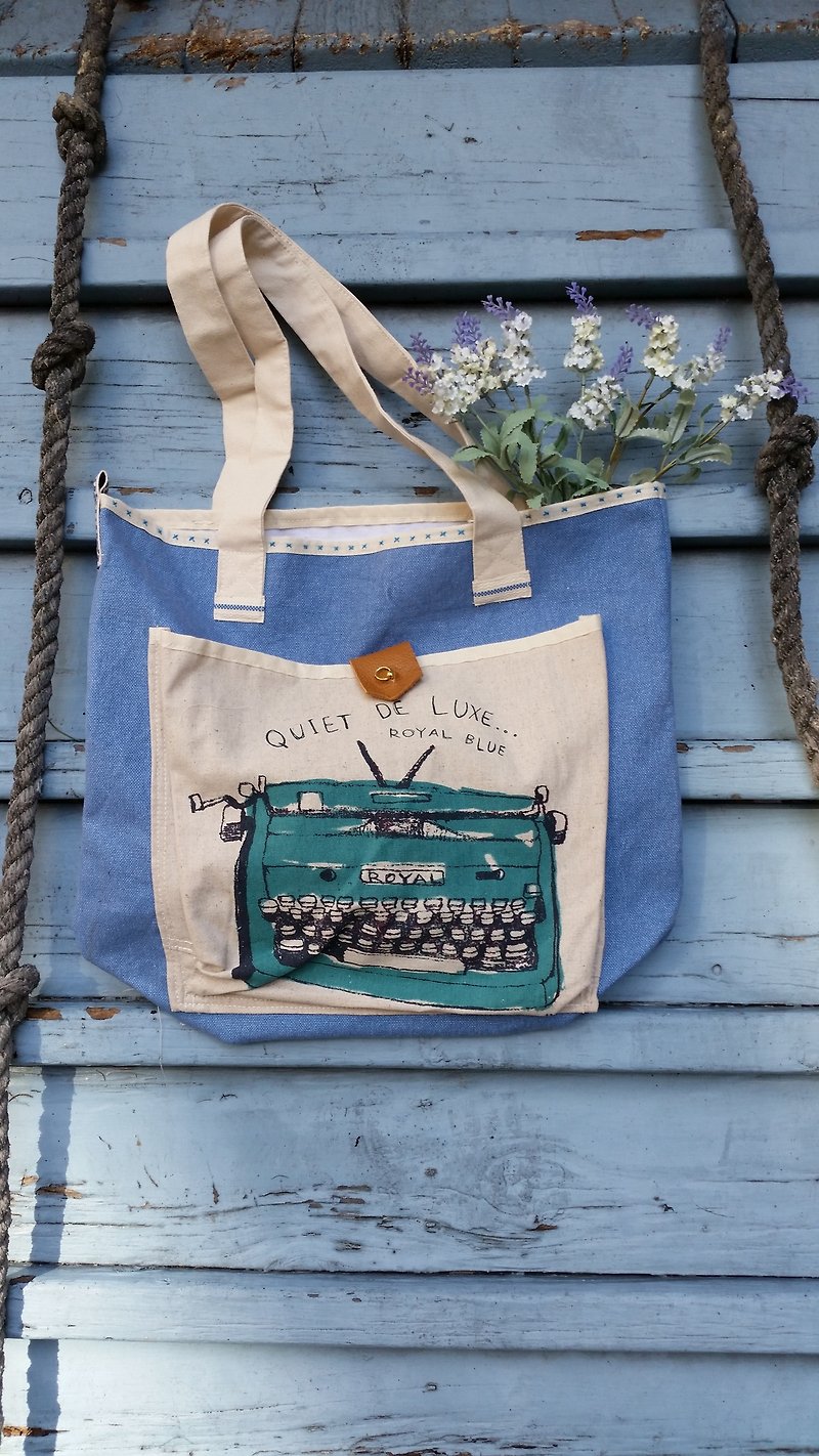 Retro Typewriter pattern bag / handbag / shoulder bag / cotton washing blue canvas / handmade / occupied / gifts / birthday gift - กระเป๋าแมสเซนเจอร์ - วัสดุอื่นๆ สีน้ำเงิน