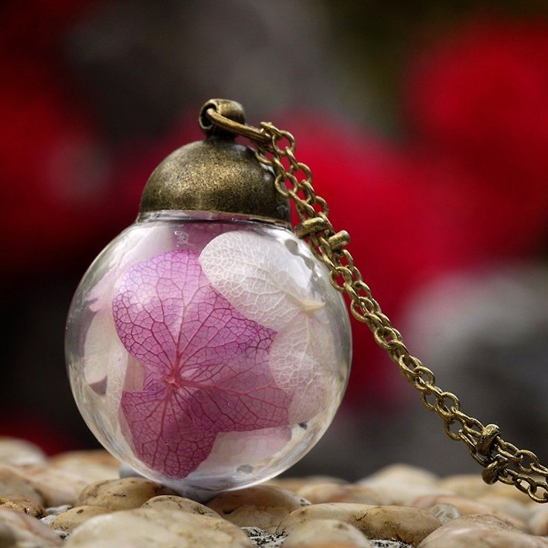 玻璃 項鍊 粉紅色 - 「愛家作-OMYWAY」手工制作混色繡球花乾花玻璃球型項鍊