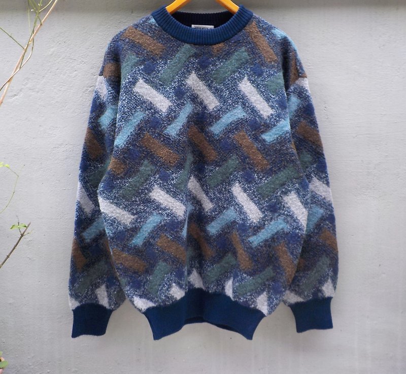 FOAK vintage sweater interwoven geometric perspective - สเวตเตอร์ผู้ชาย - กระดาษ สีน้ำเงิน