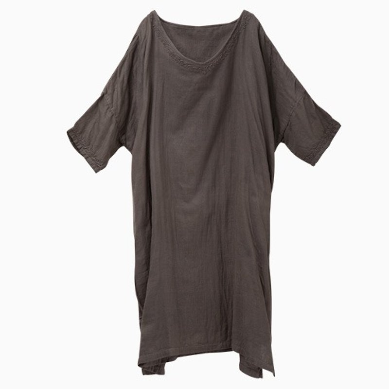 地球樹fair trade-「2015服飾」- 手織布＿雙層綿紗刺繡長版大洋裝(只有灰色) - 連身裙 - 其他材質 