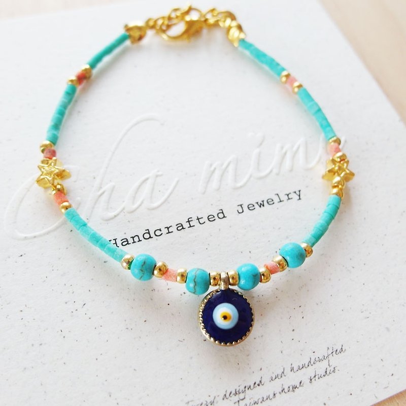 Cha mimi. From the Aegean Sea. Greece blue evil eye natural stone charm bracelet - peacock blue and green - Bracelets - Other Materials Blue