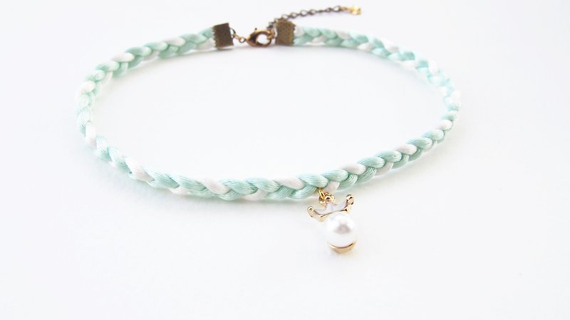 Mint white braided choker / necklace with crown-pearl charm. - Necklaces - Other Materials Green
