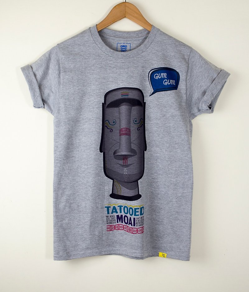 【大圖直噴】刺青摩艾  復活節島神像 潮T 時髦 短袖 圖T T-Shirt - 女 T 恤 - 棉．麻 灰色