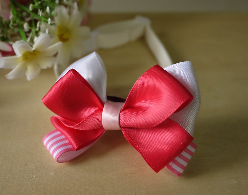 Safe Pet Collar x Peach Pink/Sweet Pink White Striped Cat Dog/Neck Strap/Bow Tie/Jiujiu - ปลอกคอ - ผ้าฝ้าย/ผ้าลินิน สึชมพู