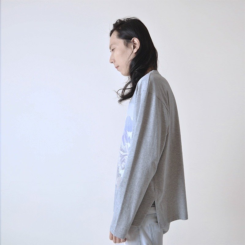 AFTER  - 長袖の綿のTスリット - Tシャツ メンズ - コットン・麻 グレー