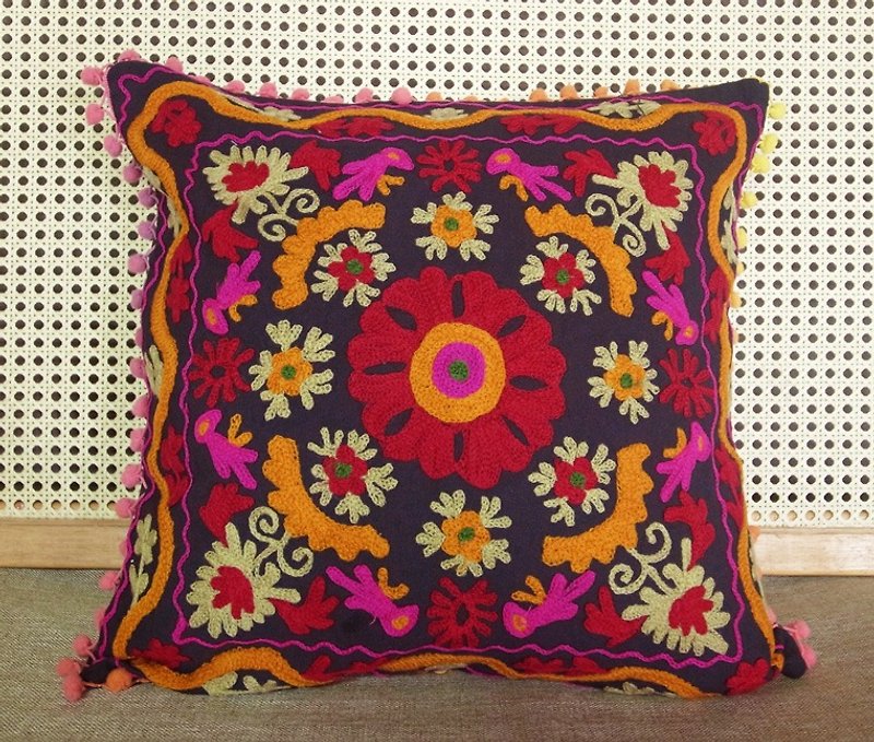 【Grooving the beats】Handmade Suzani Cushion Cover / Embroidery Pillow cover / Indian Handcrafted Embroidered Traditional Home Decorative Cotton Cushion Cover / Home Decor Hand Embroidered Woolen Turkish Cushion Cover / Pillow Case（Flower_Dark Blue fabric） - Pillows & Cushions - Cotton & Hemp Blue