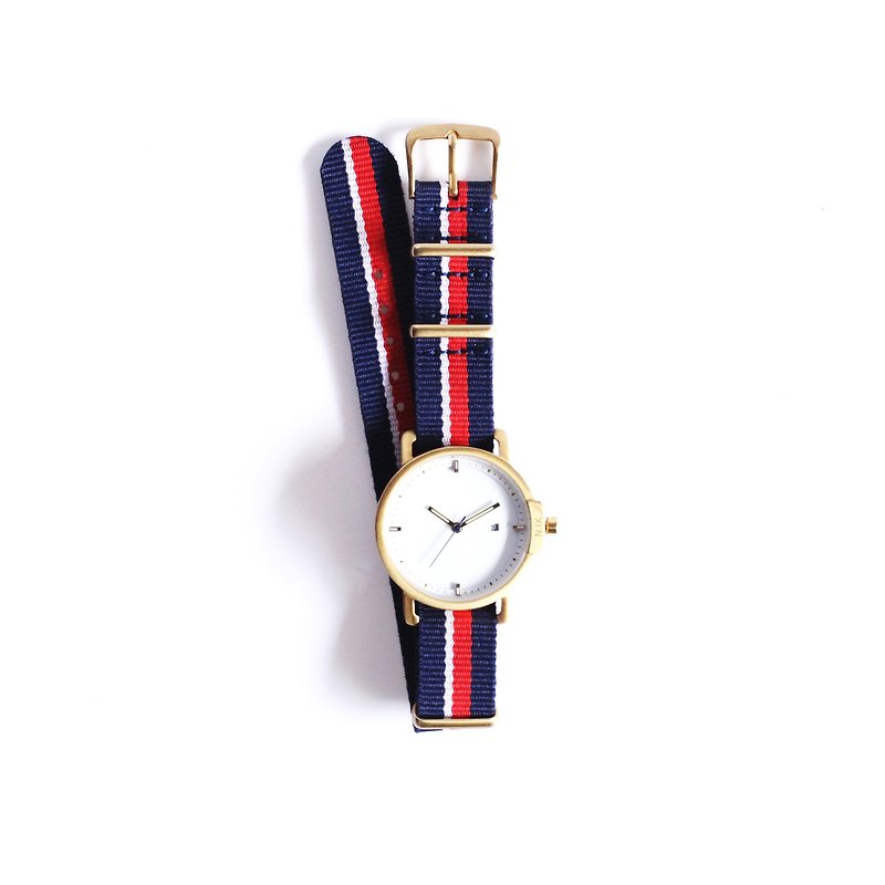 極簡大錶面金殼白底腕錶 - 配藍白紅間紋尼龍帶 - 女錶 - 其他材質 紅色