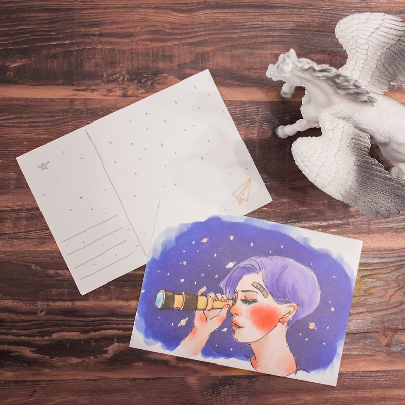 Telescope Girl Postcard - การ์ด/โปสการ์ด - กระดาษ สีน้ำเงิน