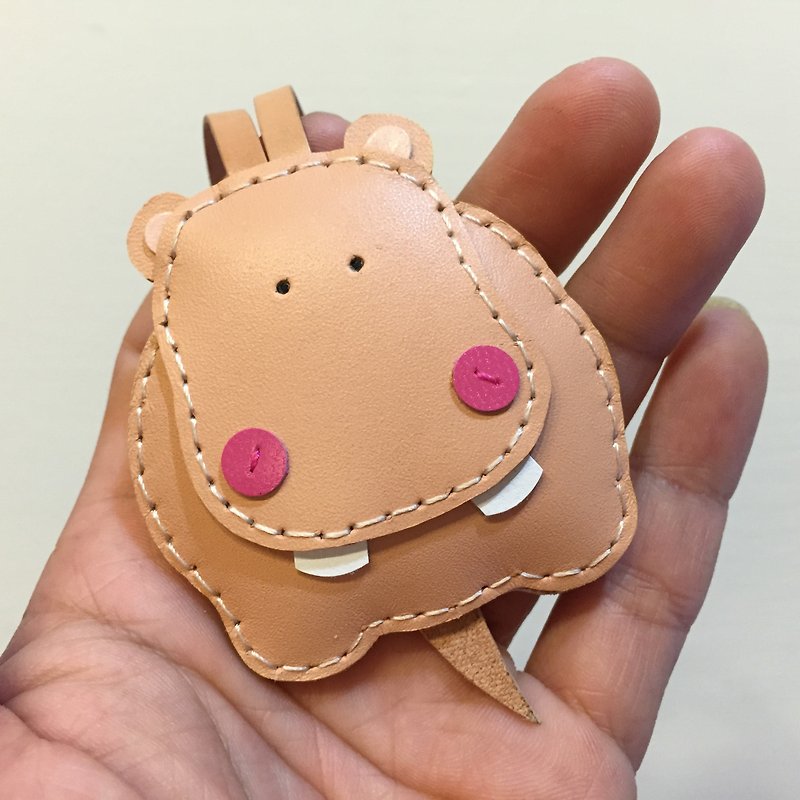 Handmade leather} {Leatherprince Taiwan MIT color cute hippo hand sewn leather strap / Hugo the Hippo leather charm in skin color (Small size / small size) - ที่ห้อยกุญแจ - หนังแท้ สีกากี