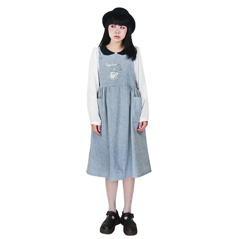 A PRANK DOLLY - 復古著VINTAGE鄉村風繡圖灰色背心裙洋裝 - One Piece Dresses - Other Materials Gray