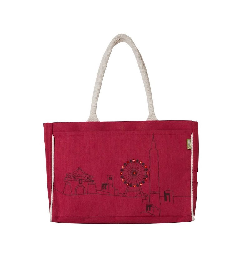 Taipei Image Jute Bag - กระเป๋าแมสเซนเจอร์ - ผ้าฝ้าย/ผ้าลินิน สีแดง