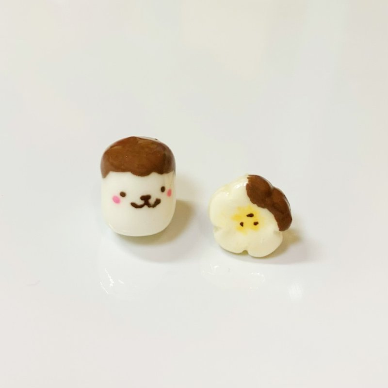 Bear Marshmallow with Chocolate Banana Earrings Set (two sets) (can be changed into Clip-On) - Earrings & Clip-ons - Clay Multicolor