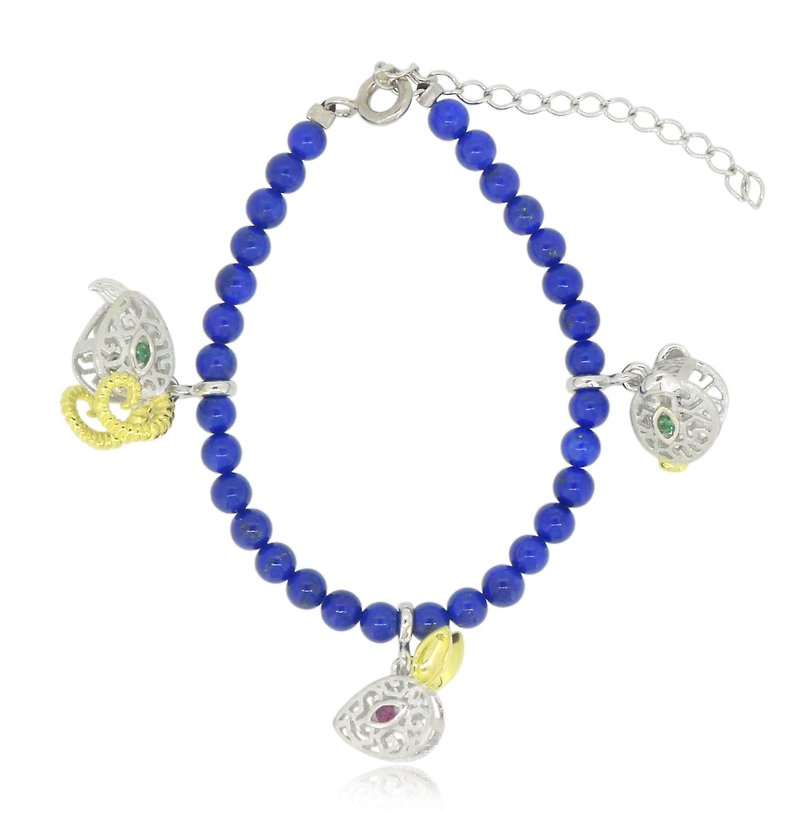 HK119 ~ 925 sterling silver triad zodiac shape lapis lazuli bracelet (rabbit / sheep / pig) - Bracelets - Gemstone Blue