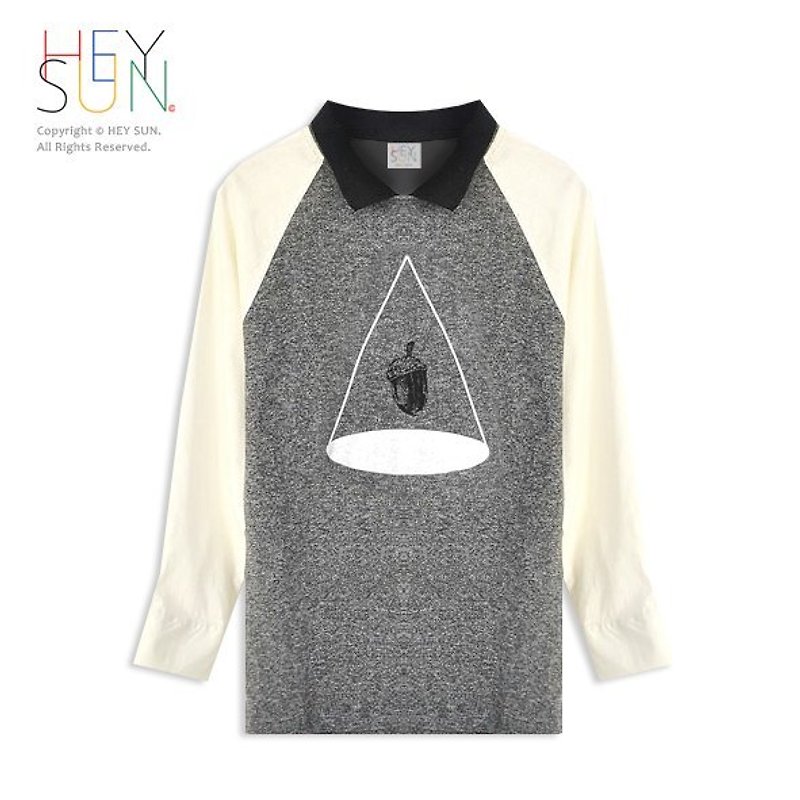 【M0206】HEY SUN獨立手作品牌‧松果錐形罐頭異質拼接小黑領子襯衫 - T 恤 - 其他材質 灰色