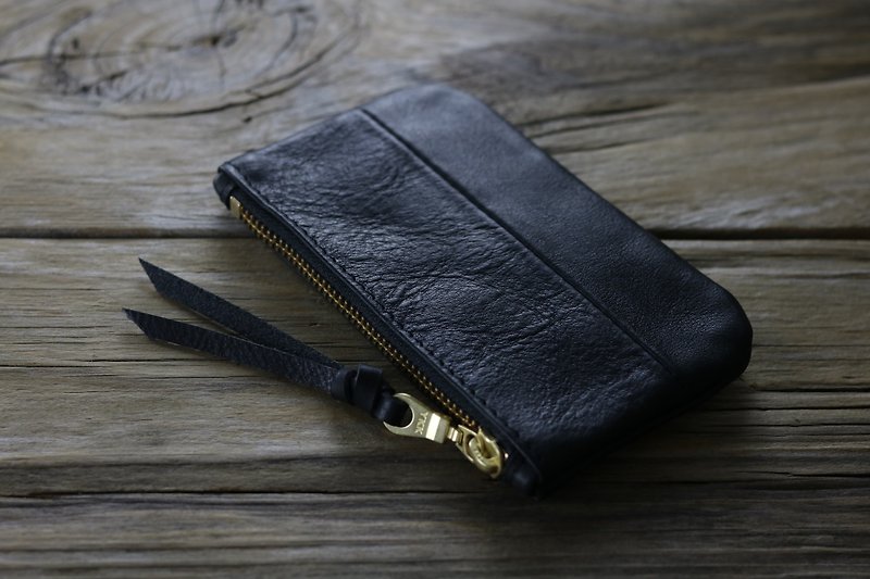 拼接革袋(黑色/黑色)-財布/錢包/收納袋/萬用袋 - 零錢包/小錢包 - 真皮 