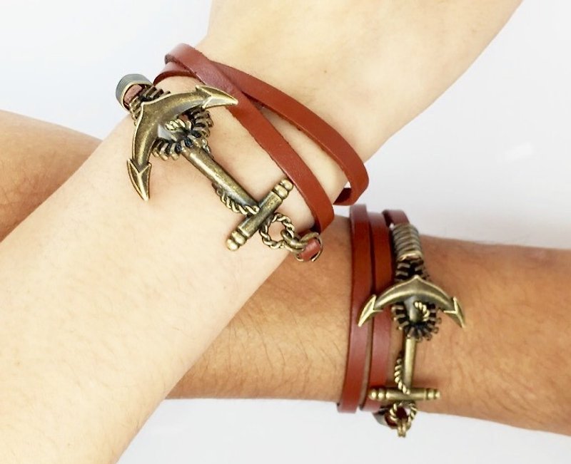 Bronze Boat Anchor Buckle Leather Strap (Valentine's Day Style)-a set of two - Bracelets - Genuine Leather Brown